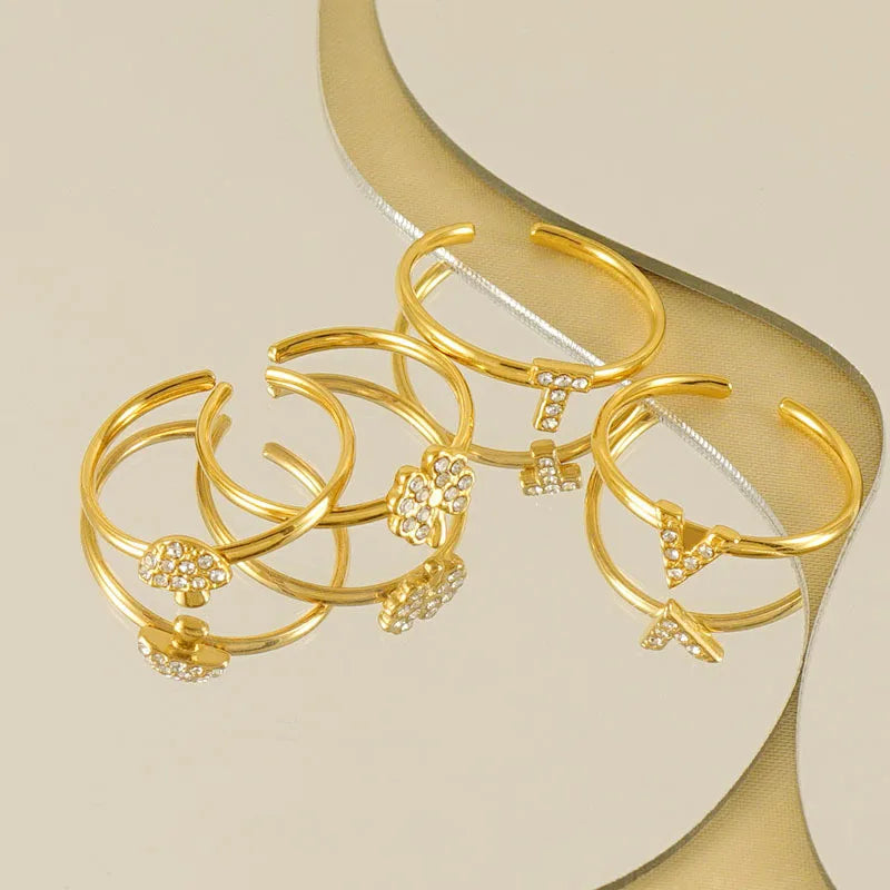 Wholesale 18K Gold Plated Stainless Steel Women's Ring Popular Fashion Cute Pattern Letter Design Gemstone Ring