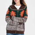 Women's Vintage Jacquard Knitted Lapel Zip up Sweater Cardigan for Fall Winter 2025 Contrasting Patchwork Design for Spring