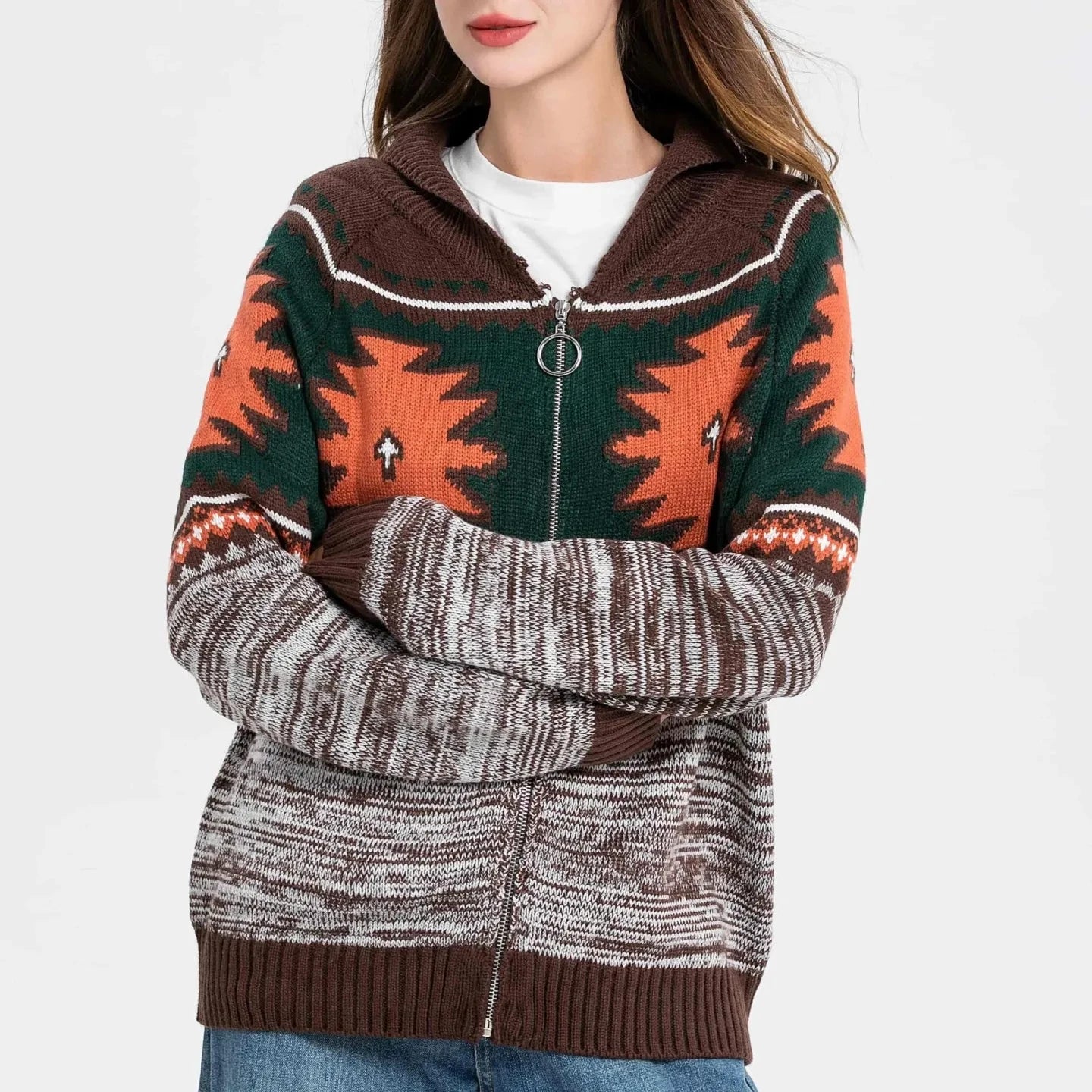 Women's Vintage Jacquard Knitted Lapel Zip up Sweater Cardigan for Fall Winter 2025 Contrasting Patchwork Design for Spring