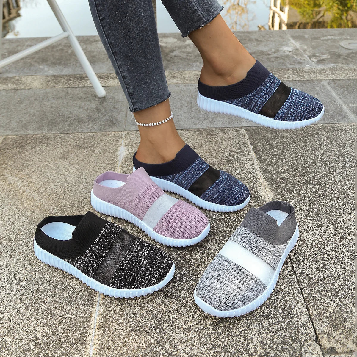 Women's Fly-woven Stretch Cloth Upper Rubber Outsole Flat Bottom Hollow Breathable Soft Bottom Comfortable Slip-on Summer Casual