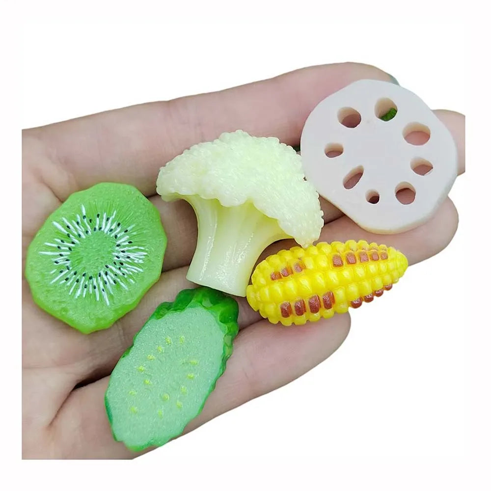 100Pcs Realistic Fruit Vegetables Figurines Cauliflower Lotus Root Slices Kiwifruit Ornaments Dollhouse Kitchen Food Toys