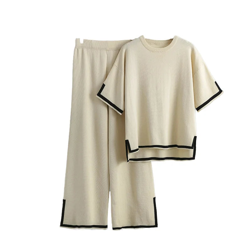 Women's Casual Autumn Sweater Set Wholesale New Fashion Short Sleeve T-Shirt with High Waist Slim Wide Leg Pants Loose Fit