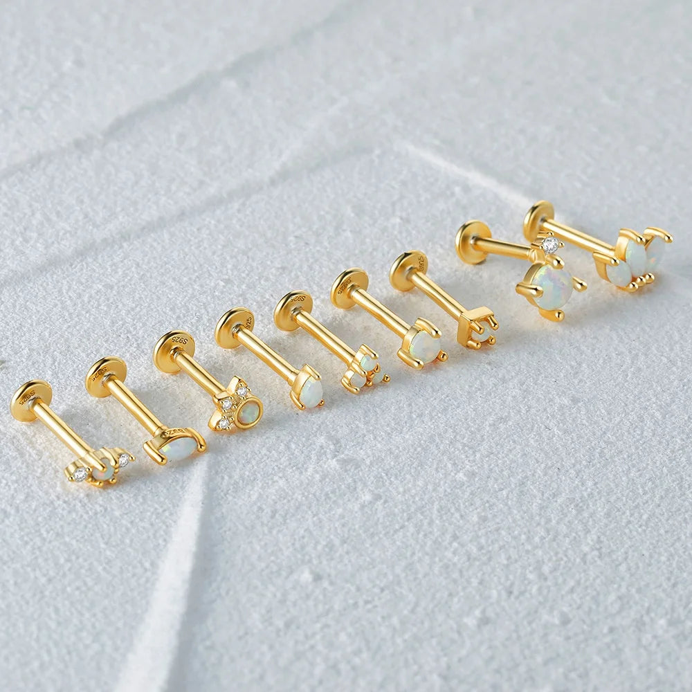 925 Sterling Silver 14/18K Gold Plated Fine Jewelry Internal Thread 16G Opal Flat Back Piercing Stud Earrings Women Wholesale