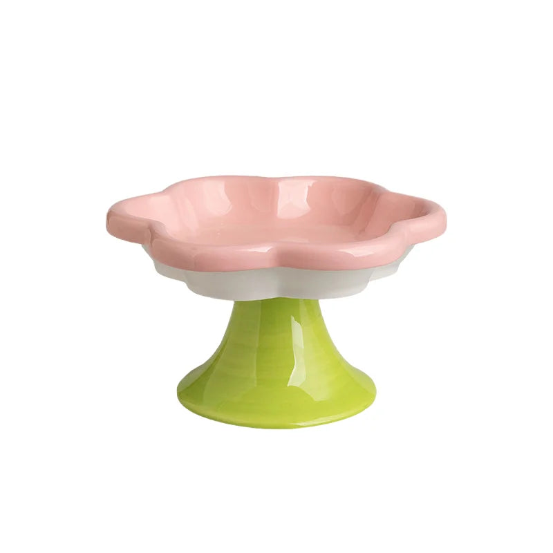 Creative Cartoon Flower Ceramic Cat Bowl Anti-tip High Foot Cervical Vertebra Protection Rounded Pet Cat Food & Water Bowl