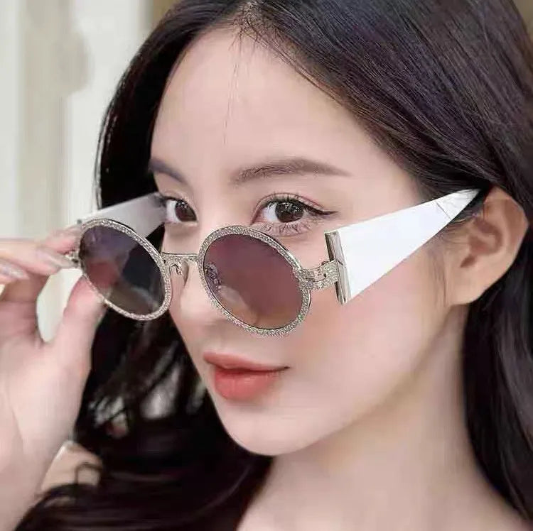 Vintage Women's Men's Oversized Designer Round Shape Sunglasses Resin Lens Rhinestone Metal Frame Wide Leg UV400 Shades