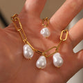 Women's Trendy 18K Gold Plated Stainless Steel Bracelet Wholesale INS Waterproof Paperclip Chain Natural Pearl for