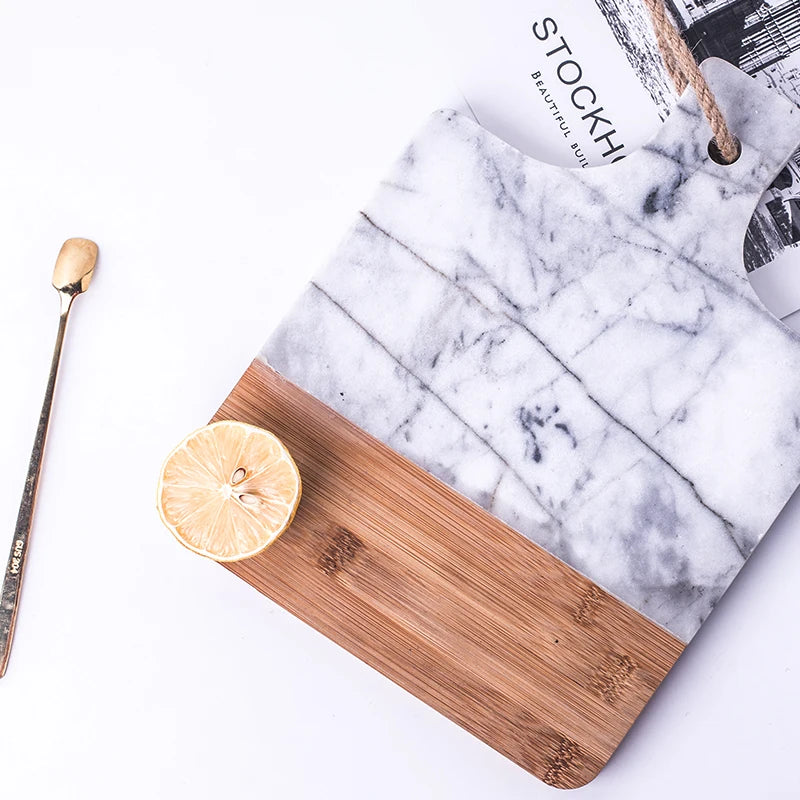 Wholesale Custom Wooden Marble Stone Baguette Chopping Cheese Board Marble Fruit Cutting Board Charcuterie Board With Handle