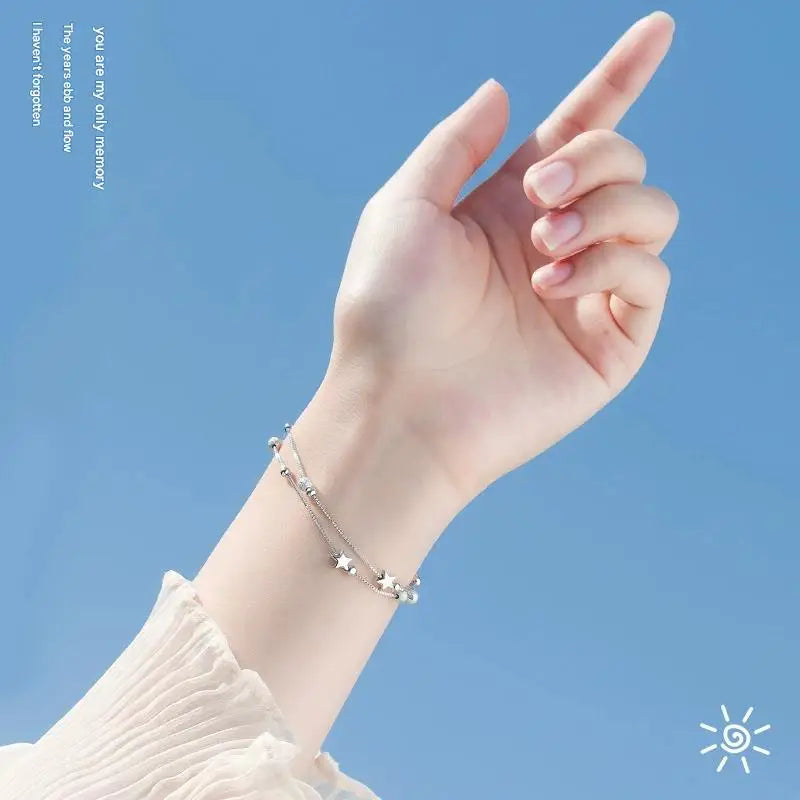 New Arrival Jewelry 925 Sterling Silver Double Layer Star Charm Frosted Round Beads Hand Chain Bracelet Bangles