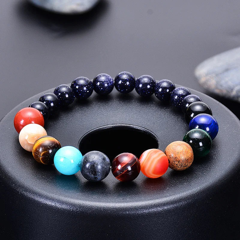 Romantic Handmade Natural Blue Sandstone Crystal Gemstone Bead Bracelet Eight Planet Solar System Universe Galaxy Jewelry