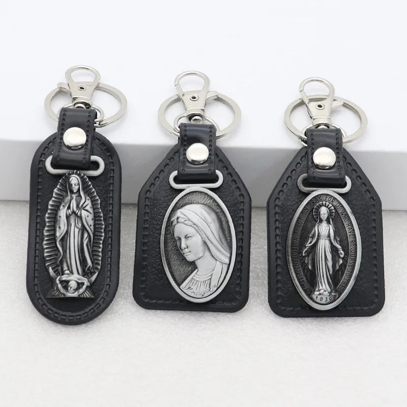 Wholesale Christian Leather Combination Religious Figure Pattern Mary Metal Key Chain Ornament for Men