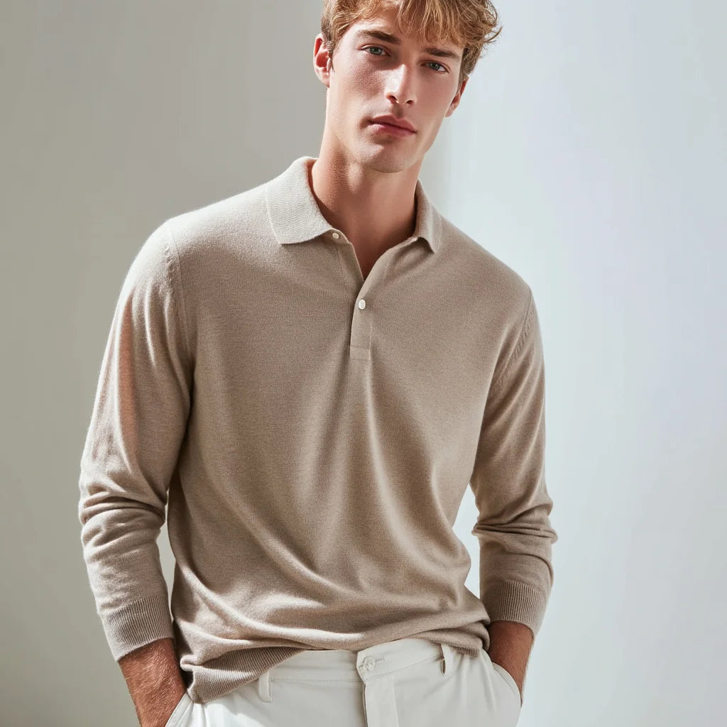 Men's Sophisticated XXL Pure Cashmere for Polo Sweater Long Sleeve Lightweight Knit Shirt  Button Stripe Jacquard Print