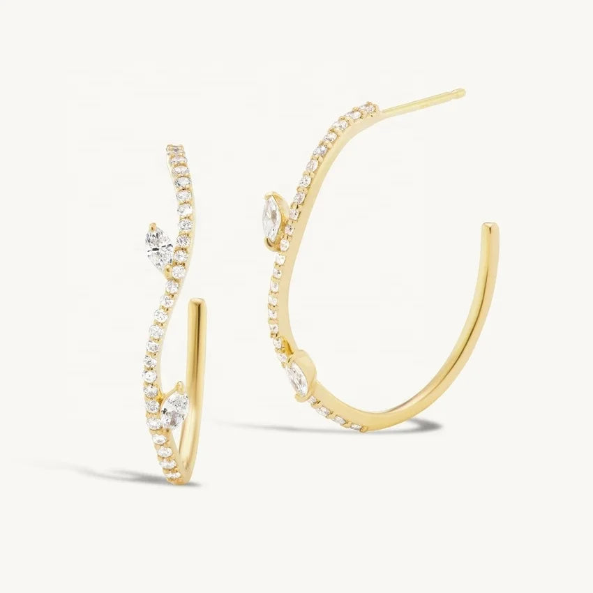 LOZRUNVE 925 Sterling Silver Pave CZ Wave Leaf Marquise Big Open Hoop Earring 14k Gold 18k Gold