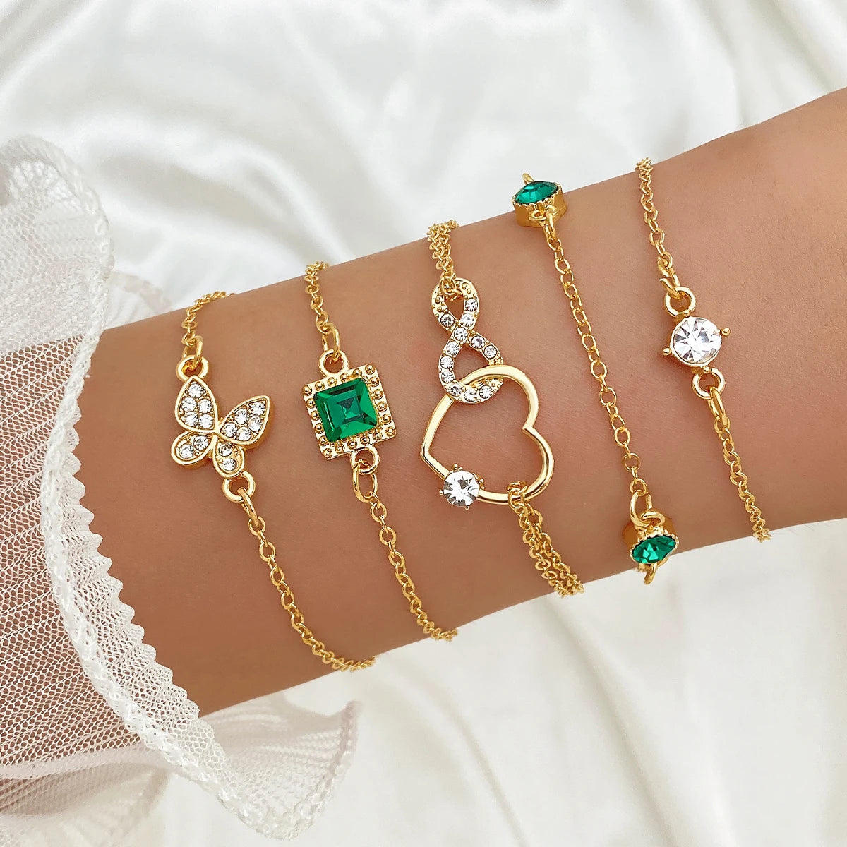 VKME New Fashion Heart Butterfly Zircon Crystal Bracelet Set for Women Jewelry