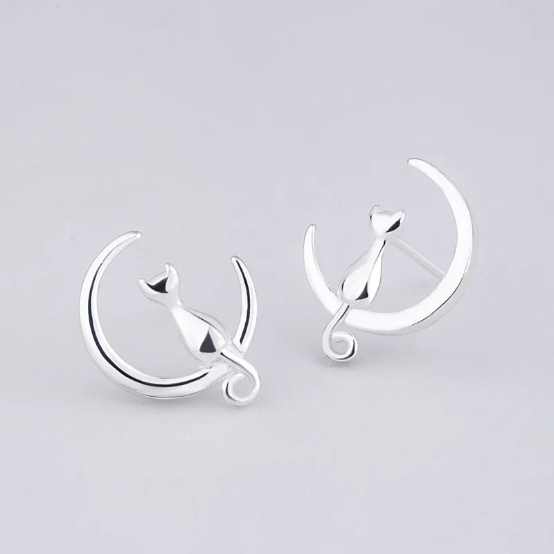 2023 New Style Animal Cat Stud Earrings Cute Dainty Silver Plated Cat Moon Stud Earrings for Women Teen Girls