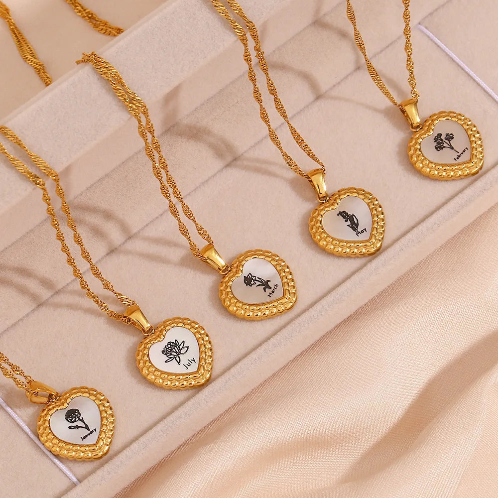 Wholesale Custom Jewelry Stainless Steel Water Wave Chains Peach Heart Shape 12 Birth Month Flower White Shell Pendant Necklace