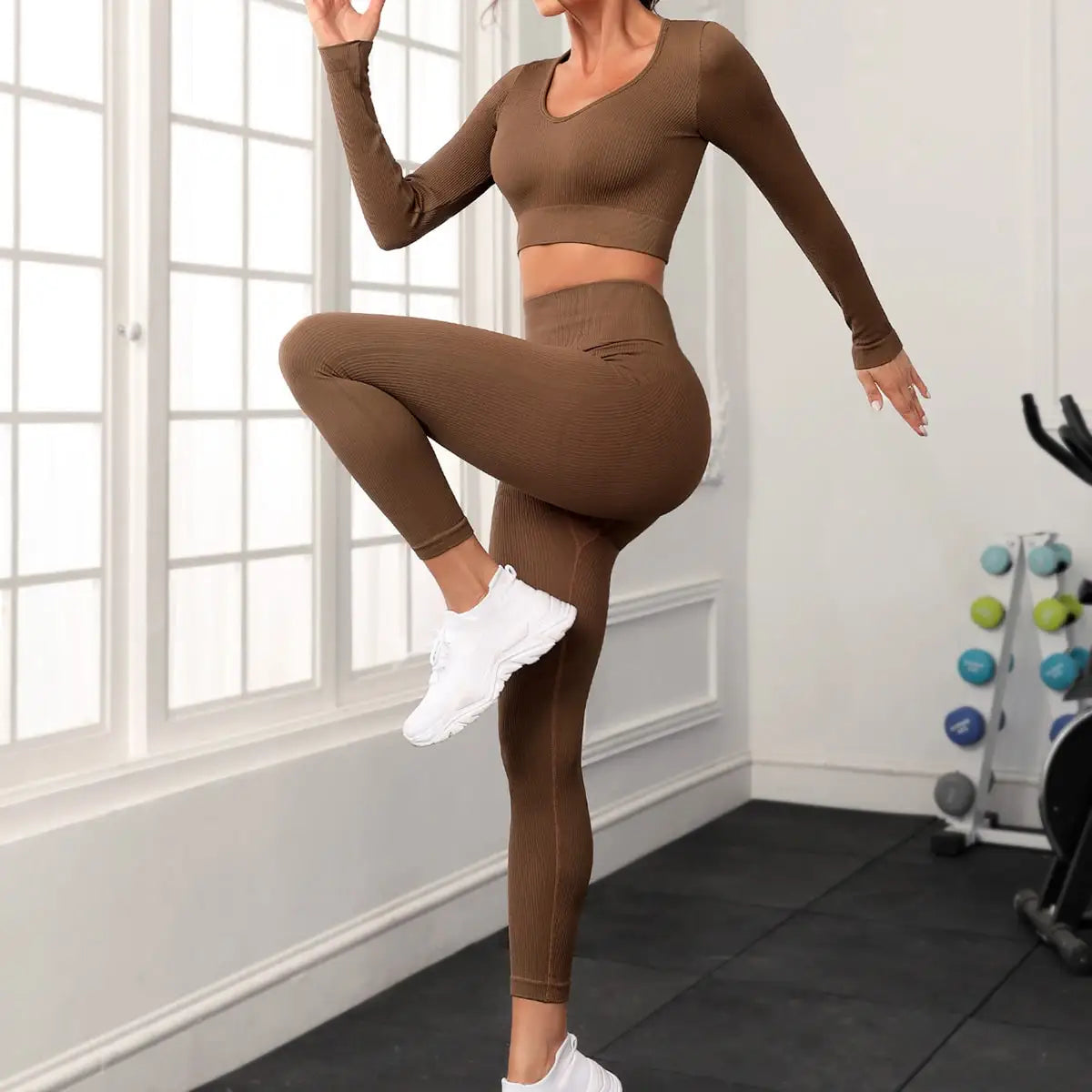 FLW Women's Long Sleeve Yoga Suit Seamless Fitness Crop Top Leggings Breathable Sportswear Workout Athletic Gym Fitness Set High