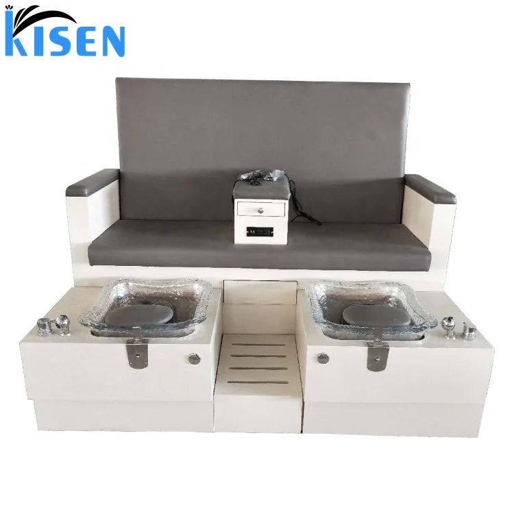 Kisen Beauty Nail Salon Furniture Grey Color Luxury Double Seats Pedicure Spa Manicure Chair with Foot Spa Led Light