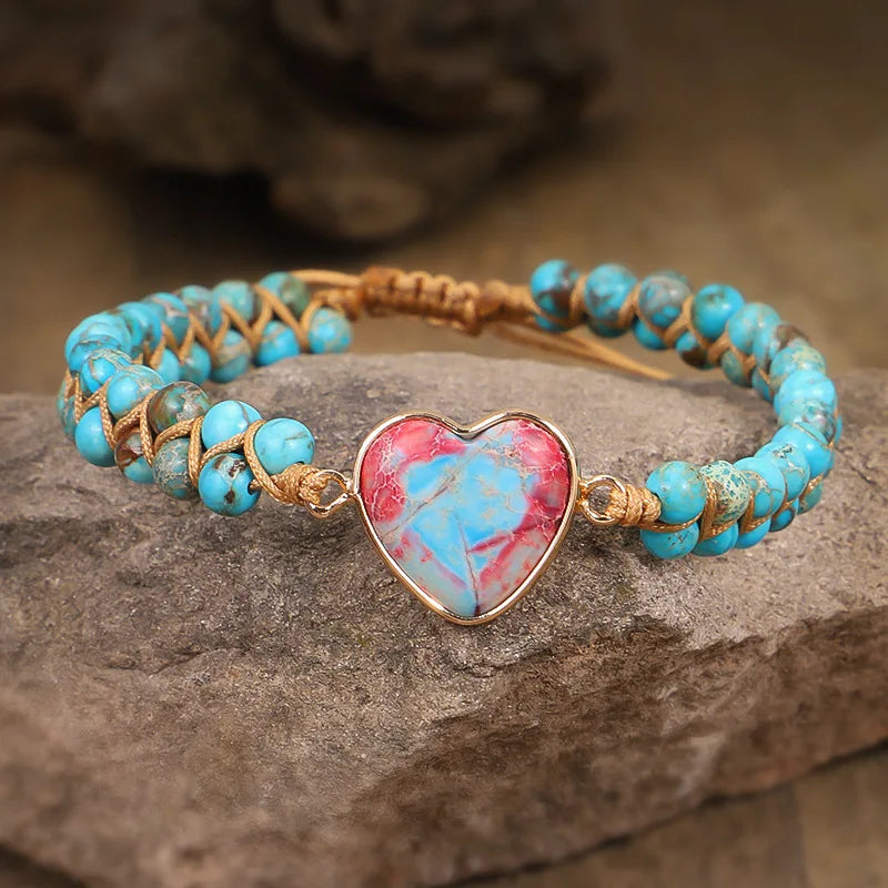 Emperor Stone Natural Heart Shape Stone Wrap Double Layers Braided Bracelets Yoga Bracelet