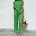 Enyami Summer Casual Fashion Plisse Co Ord Tracksuit Women Pleated Sleeveless Crop Top Loose Straight Pants Two Piece Sets