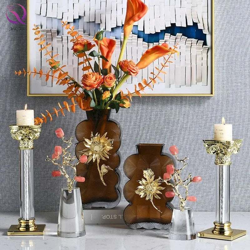 Irregular Spiral Texture Decorative Vase Floral Ornament Modern Light Luxury Coffee Brown Glass Vase for Desktop Home Decoration