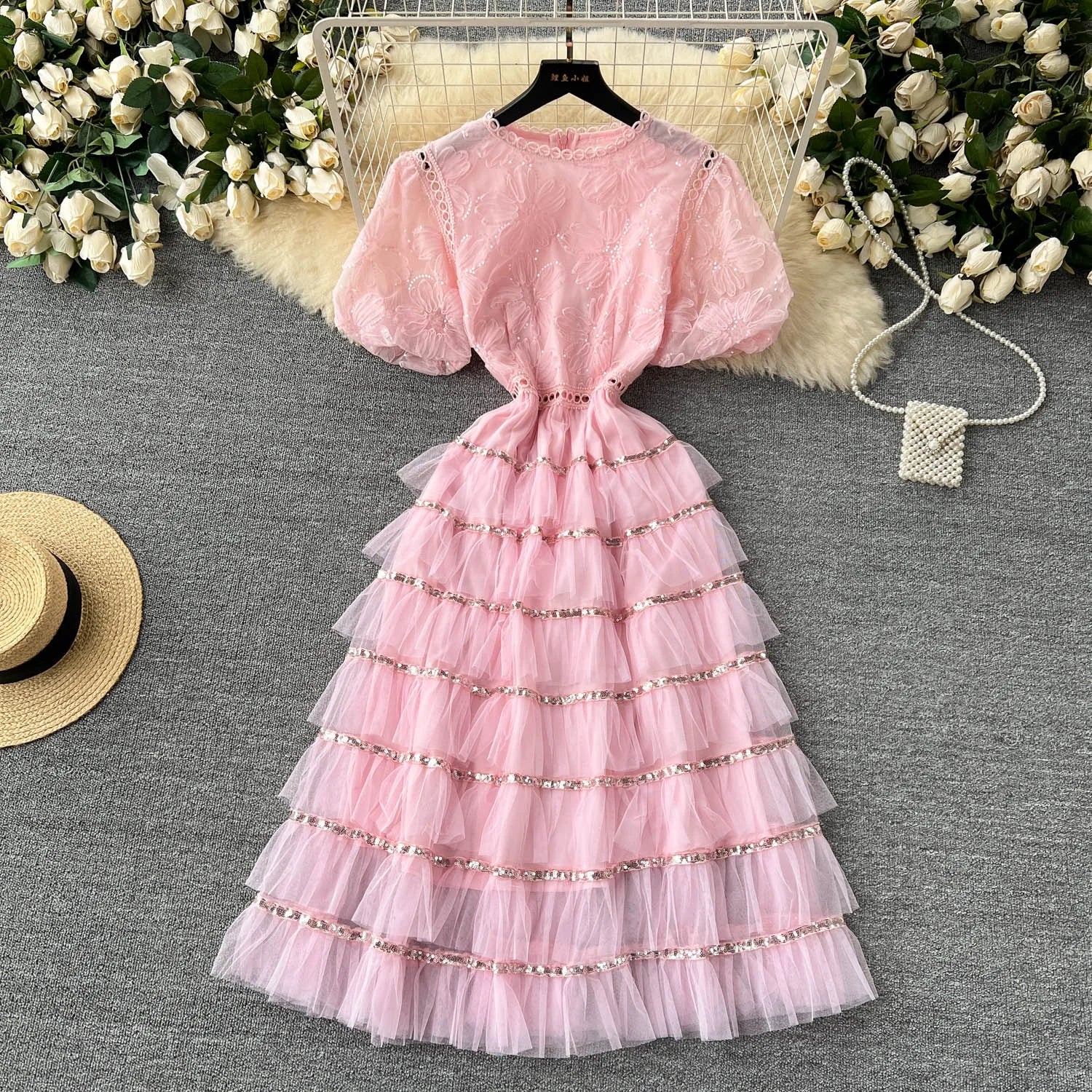 French Women Sequins Embroidery Flower Bubble Sleeve Waisted Mesh Cake Dresses