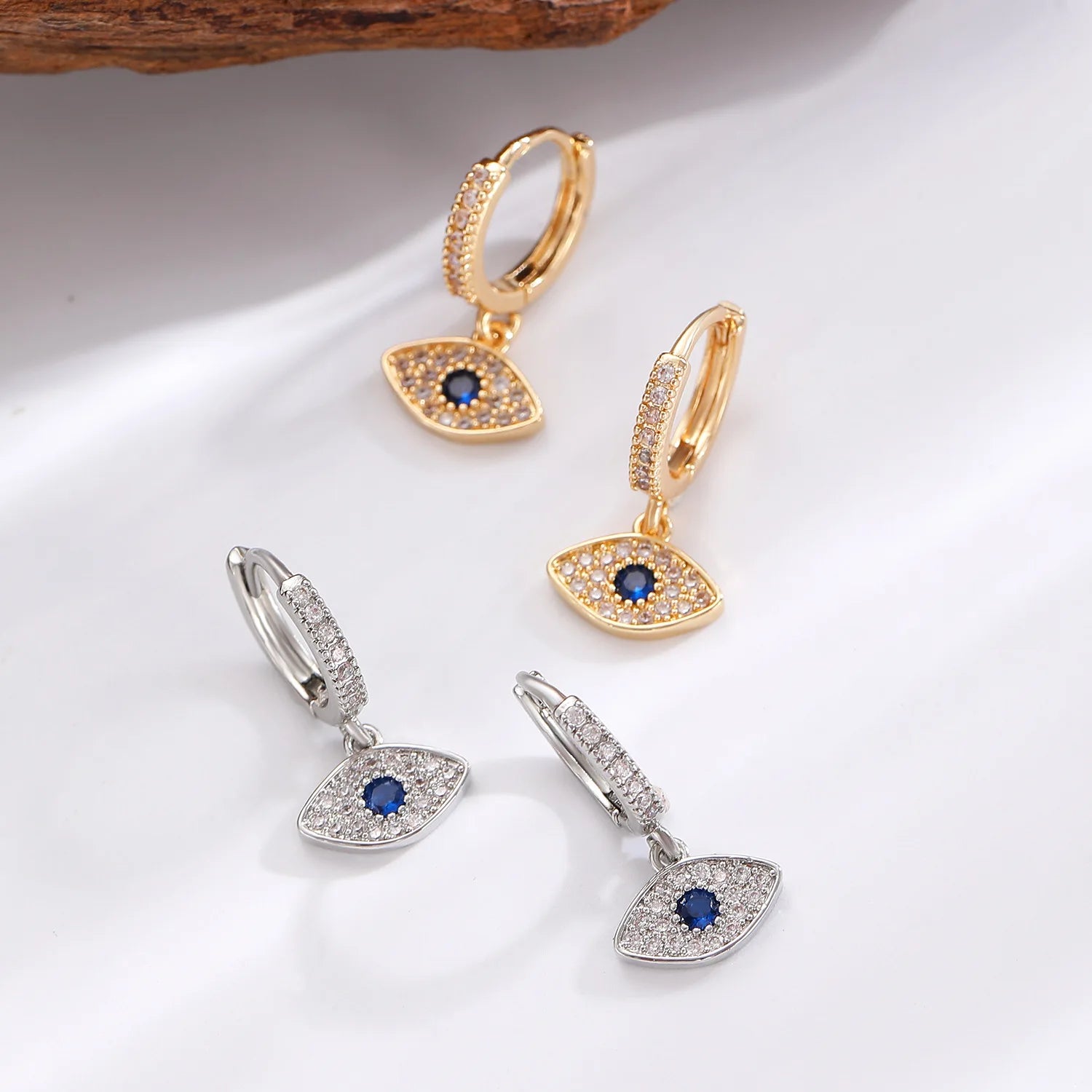 Meetyoo Trendy Women Hoop Earring Brass 18K Gold Plated Waterproof Zircon Stone Eye Shape Tarnish Free Non Fade Jewelry Earring