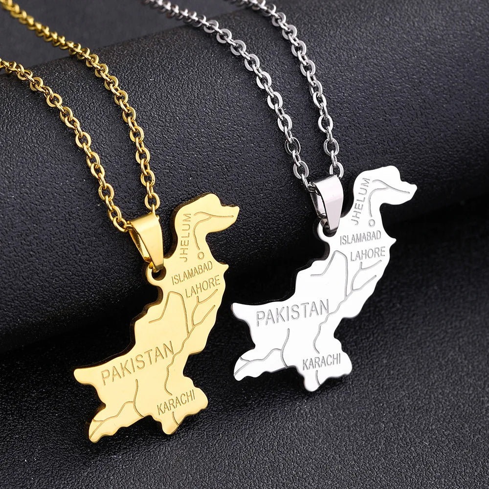 Pakistan Flag Map Pendant Necklace Stainless Steel with 18K Gold and Silver Finish Enamel and Zircon Stone Chain Style