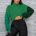 Cropped Sweater Long Sleeve High Neck Patchwork Argyle Oversize Knitted Sweater