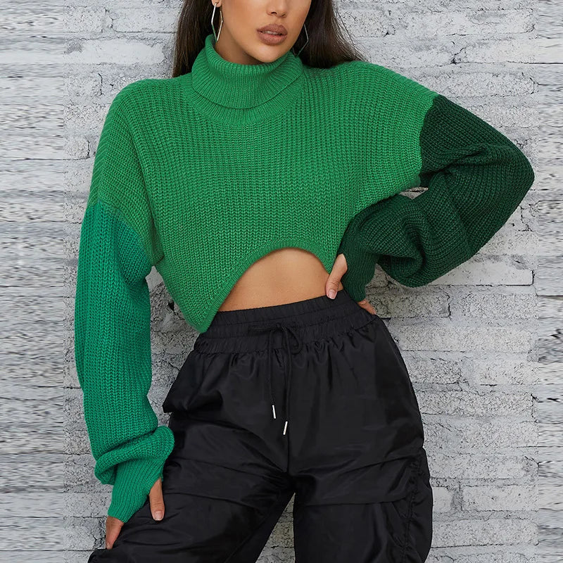 Cropped Sweater Long Sleeve High Neck Patchwork Argyle Oversize Knitted Sweater