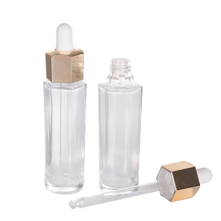 Custom 30ml Hexagon Cosmetic Packaging Refillable 1oz Diffuser Essential Oil Glass Dropper Bottle