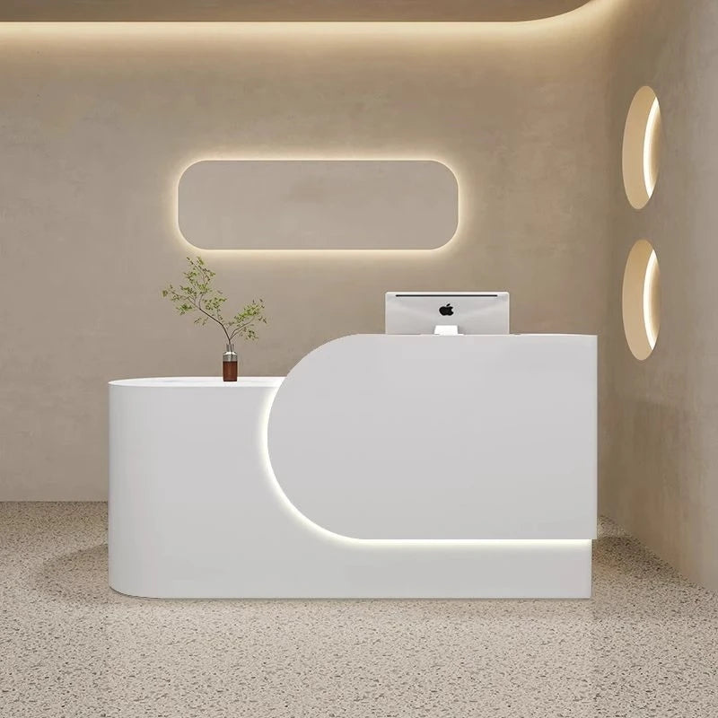 Small Size Beauty Shop Furniture Salon Reception Desk Counter Luxury White Wood Cashier Office Front Desk with Led Lights