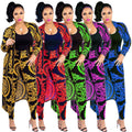 Dropshipping Women's Two Piece Casual Printed Long Gown Cardigan Coat Pants Set with Cuffs and Hole Design