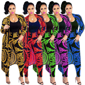 Dropshipping Women's Two Piece Casual Printed Long Gown Cardigan Coat Pants Set with Cuffs and Hole Design