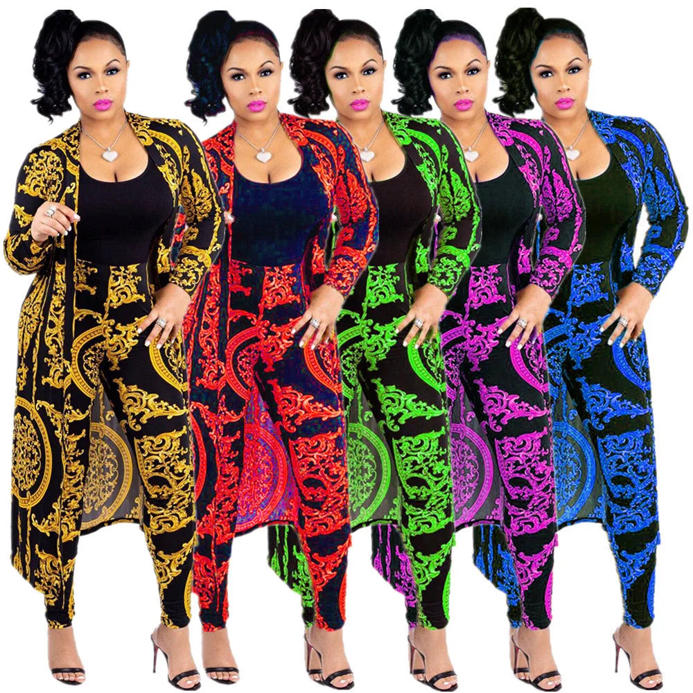 Dropshipping Women's Two Piece Casual Printed Long Gown Cardigan Coat Pants Set with Cuffs and Hole Design
