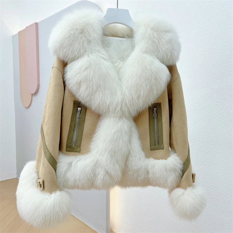 OFTBUY Winter Thickened Popular Natural Fox Fur Suit Collar Thick Warm New Fashion Suede Goose Down Liner Exquisite Coat