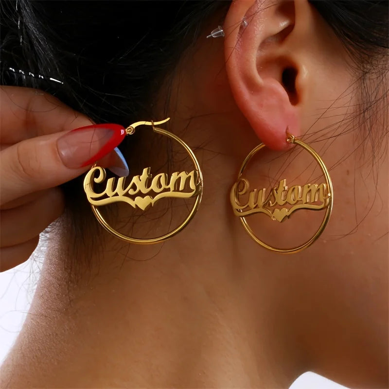 Spot Wholesale Exaggerated Big Hoops Earrings Golden Custom Name Stainless Steel Earrings for Women
