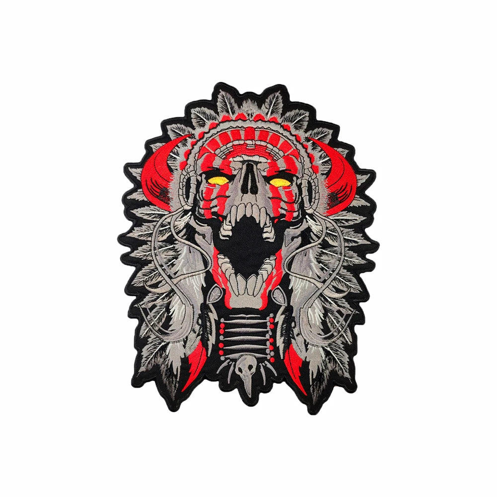 Large Size Cool MC Indian Chief Skull Motorcycle Biker Rider Iron on Jackets Vests Back Embroidery Patch
