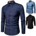 RNSHANGER Men's Long-sleeved Denim Shirt Lapel Button Fashion Slim Office Business Shirt Retro Navy Denim Men's Shirt