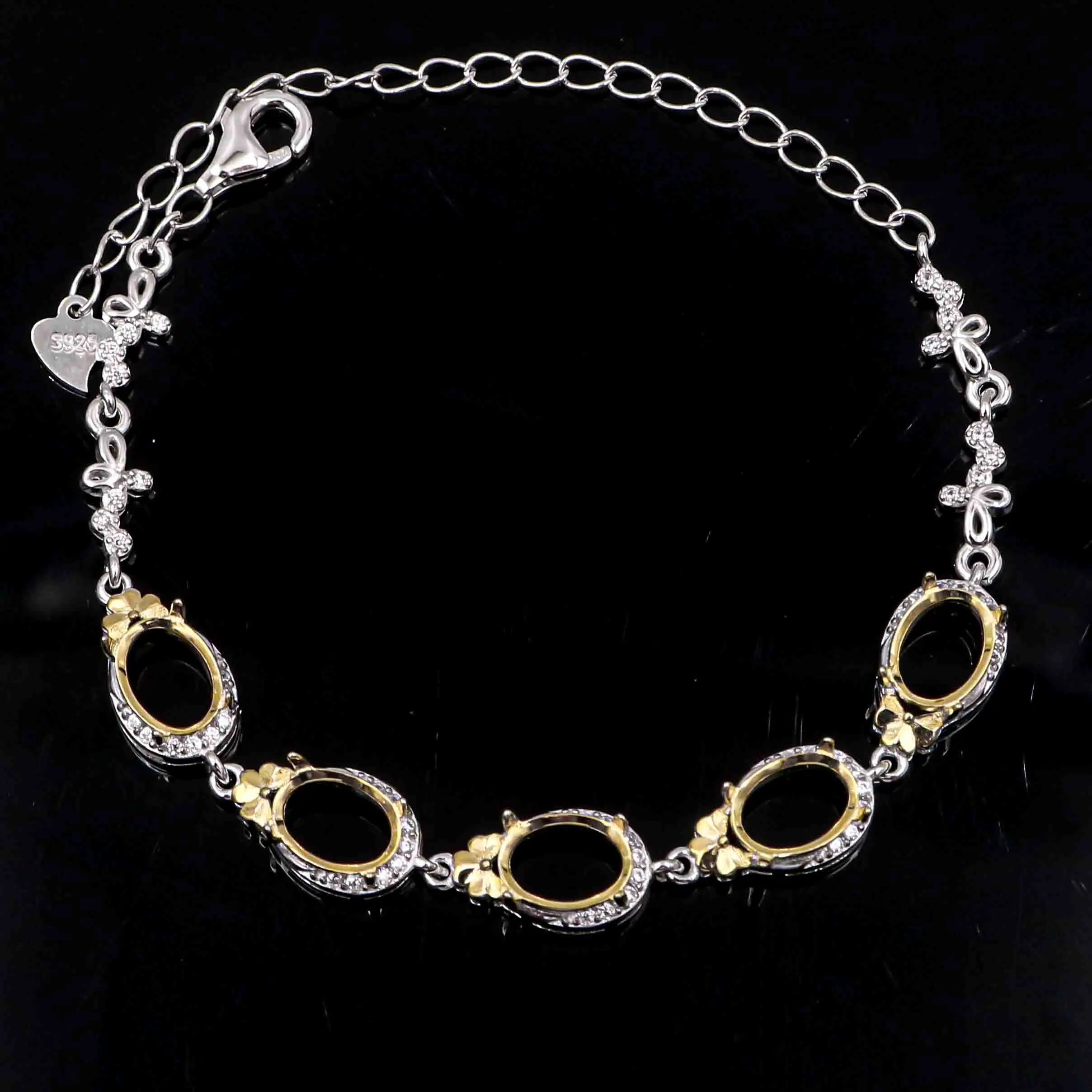 Sterling Silver 6*8mm Semi Mount Bracelet Empty Support Blank Claw Setting S925 Mountain Base Without Center Stone Inlay for DIY