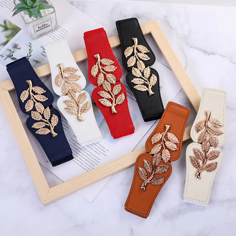 Factory Gold Leaves Buckle Women Belts Elastic Ladies Fashion Wide Fancy Belts for Dress