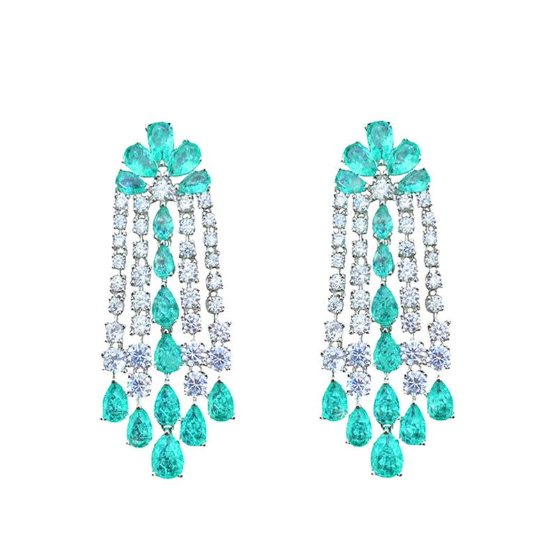Trendy Green CZ Crystal Tassel Fringe Earrings for Women Long Zircon Earrings Dangling Drop Rhodium Plated Wedding Party Jewelry