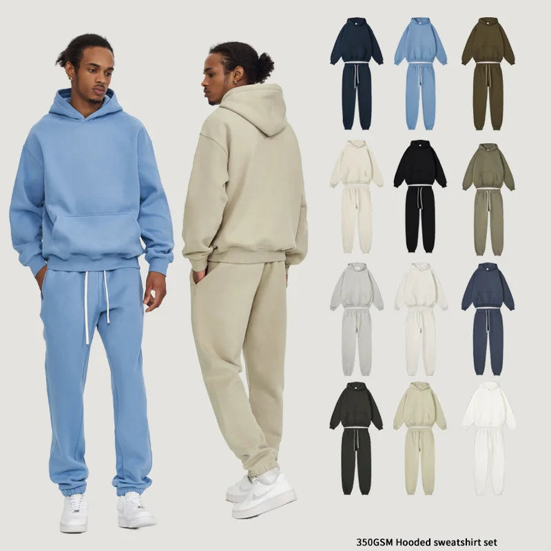 High Quality 350gsm Heavyweight Pullover Cotton French Terry Dropped Shoulders Oversized Thick Men's Sweatpants and Hoodie Set