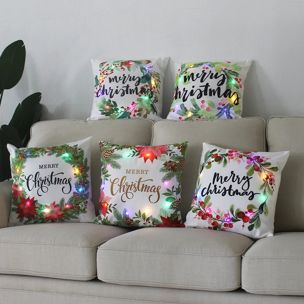 DaiRui Hot Sale Christmas Digital Printed Design Linen LED Light Polyester Fabric Cushion Cover