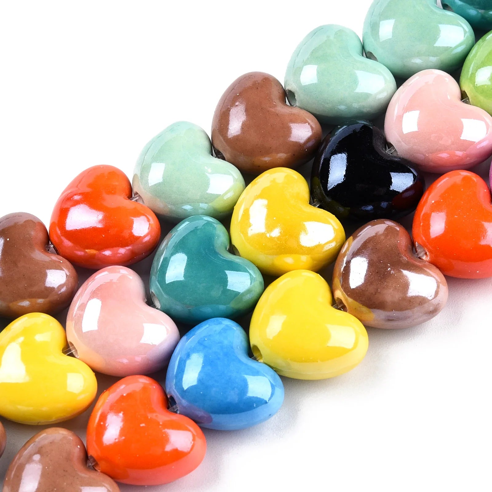PandaHall 16mm Bright Glazed Porcelain Heart Mixed Color Handmade Porcelain Bead