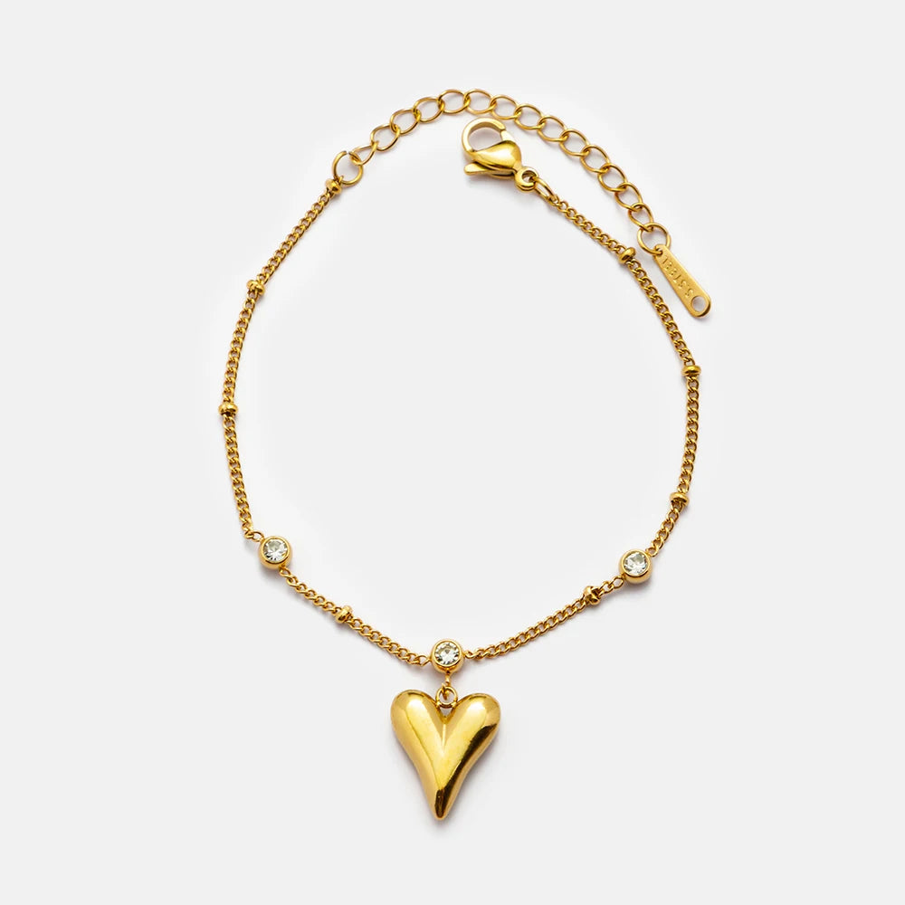 YF3064 Waterproof Stainless Steel Jewelry 18k Gold Plated Cubic Zirconia Bead Link Chain Heart Shape Charm Anklet for Women