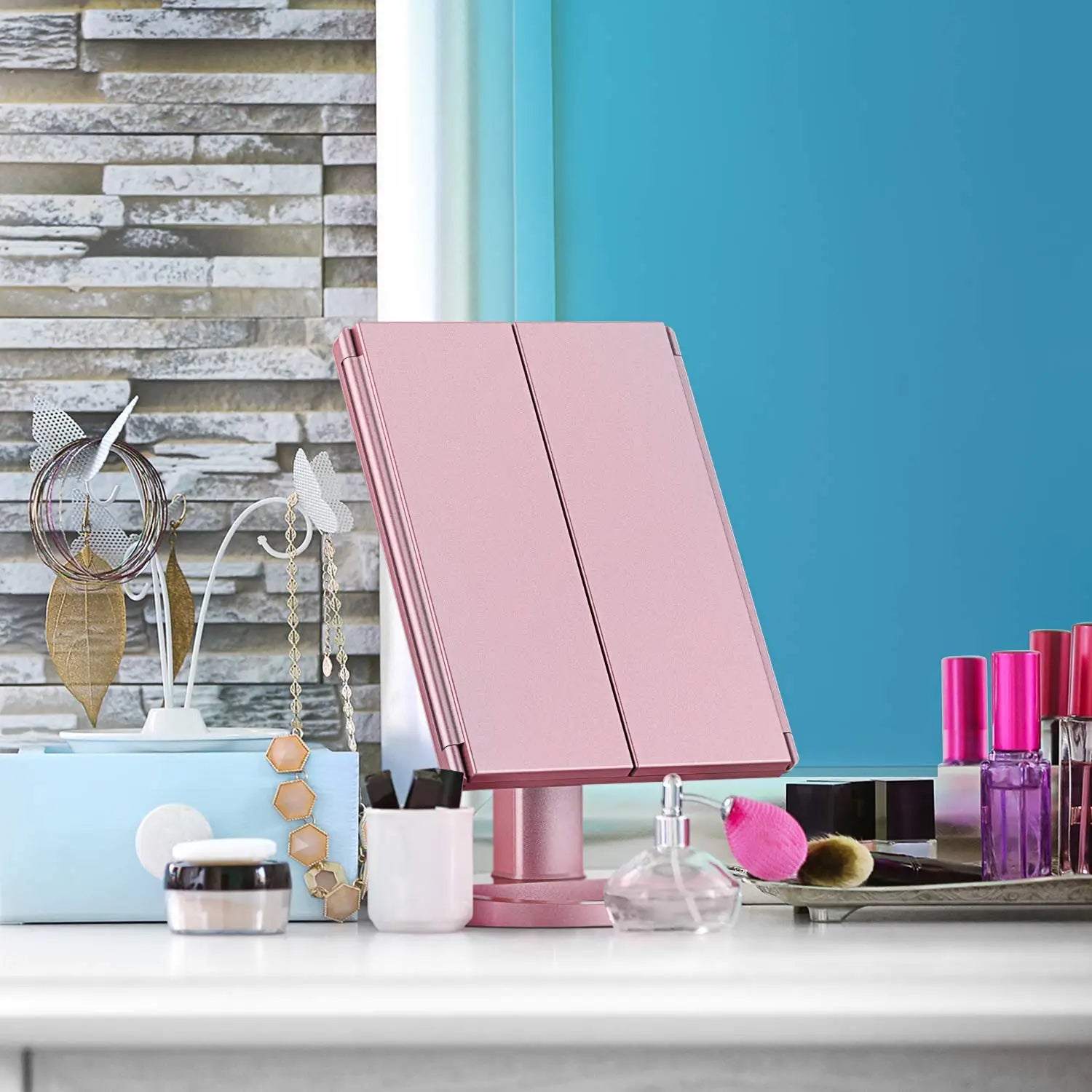 Foldable Magnifying Adjustable LED Lighted Touch Screen Cosmetic Mirror with USB Charging