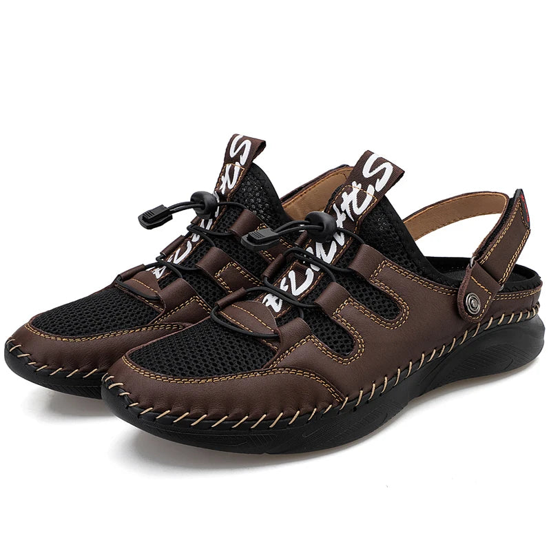Beach Fashion Hollow Men'S Slippers Plus Size 38-48 Soft Sole Men'S Hole Shoes Casual Closed Toe Leather Sandals