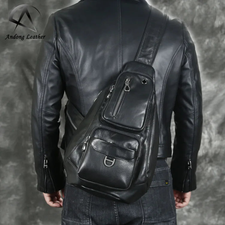 Andong Soft Genuine Cow Leather Men Chest Bag Shoulder Bag Cowhide Crossbody Bags Man Business Sports Casual