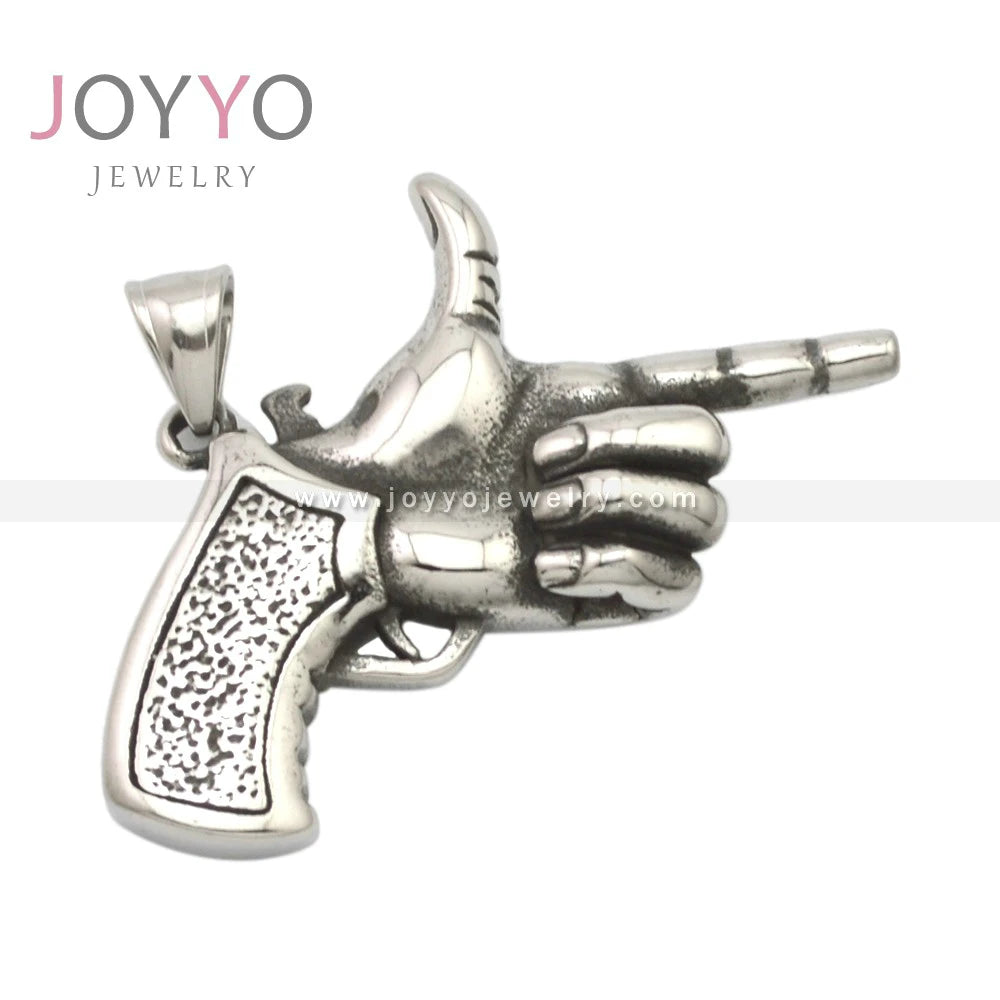 Stainless Steel Jewelry Antique Silver Plate Hand Shape Gun Pendant Hip Hop Biker Finger Charm Men Jewelry