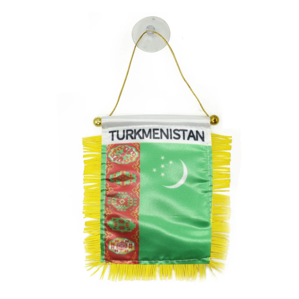 2026 Custom Logo Digital Printing Satin Material Hanging  Turkmenistan Pennant Flag for Car Rearview Mirror and Home Decoration